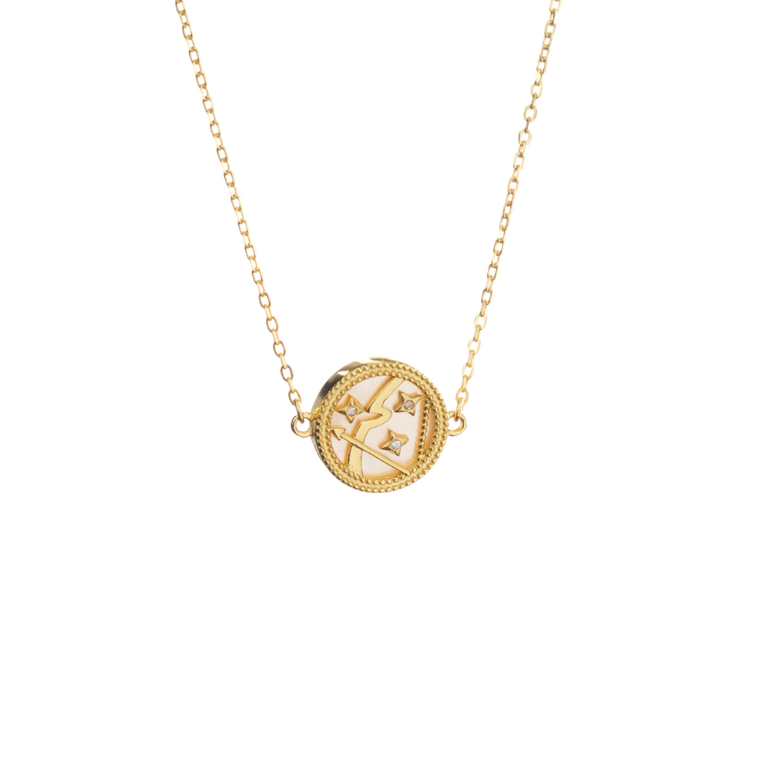 Gold Sagittarius necklace with archer symbol and stars, expressing adventure and free spirit.