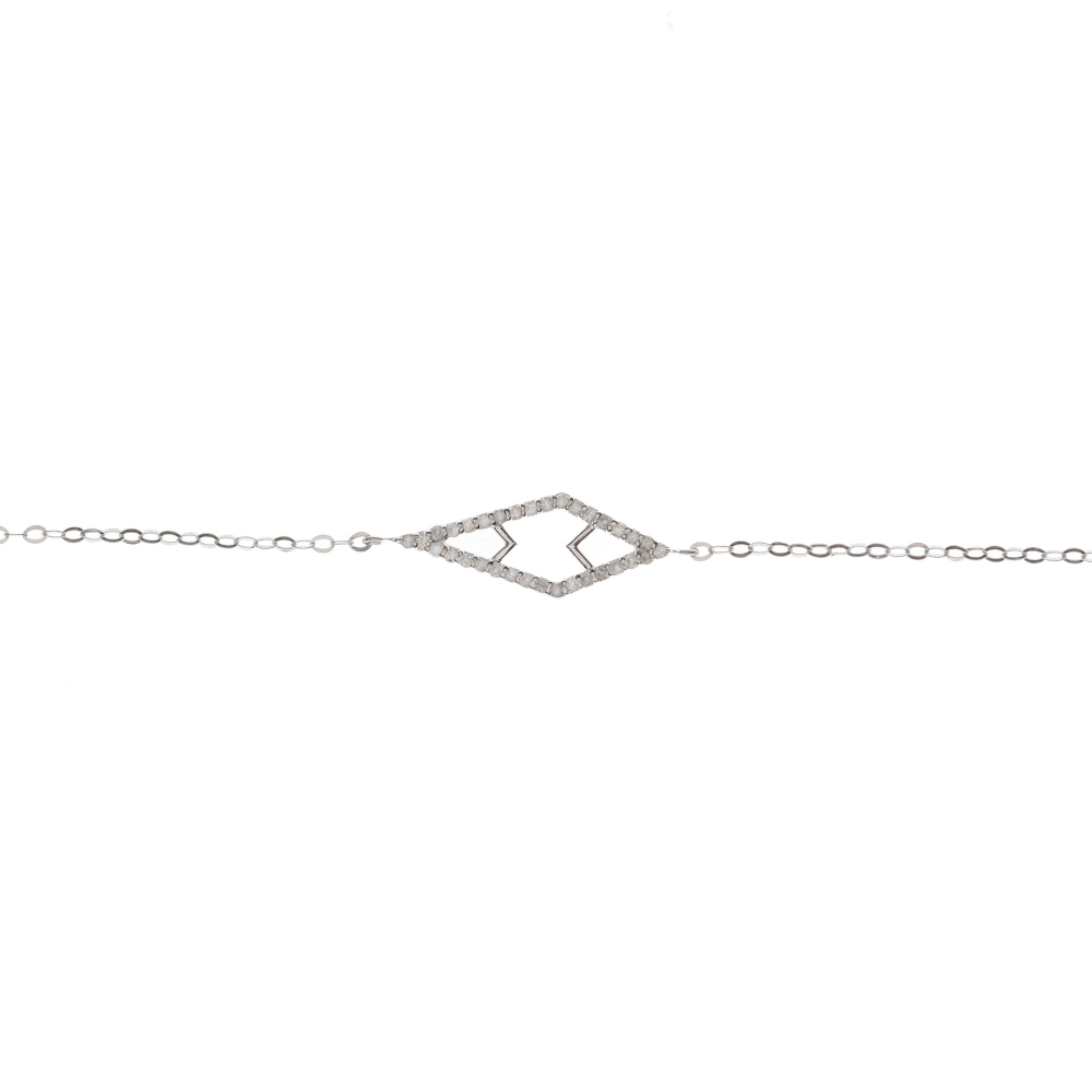 Diamond bracelet with geometric centerpiece in 18K white gold on a white background