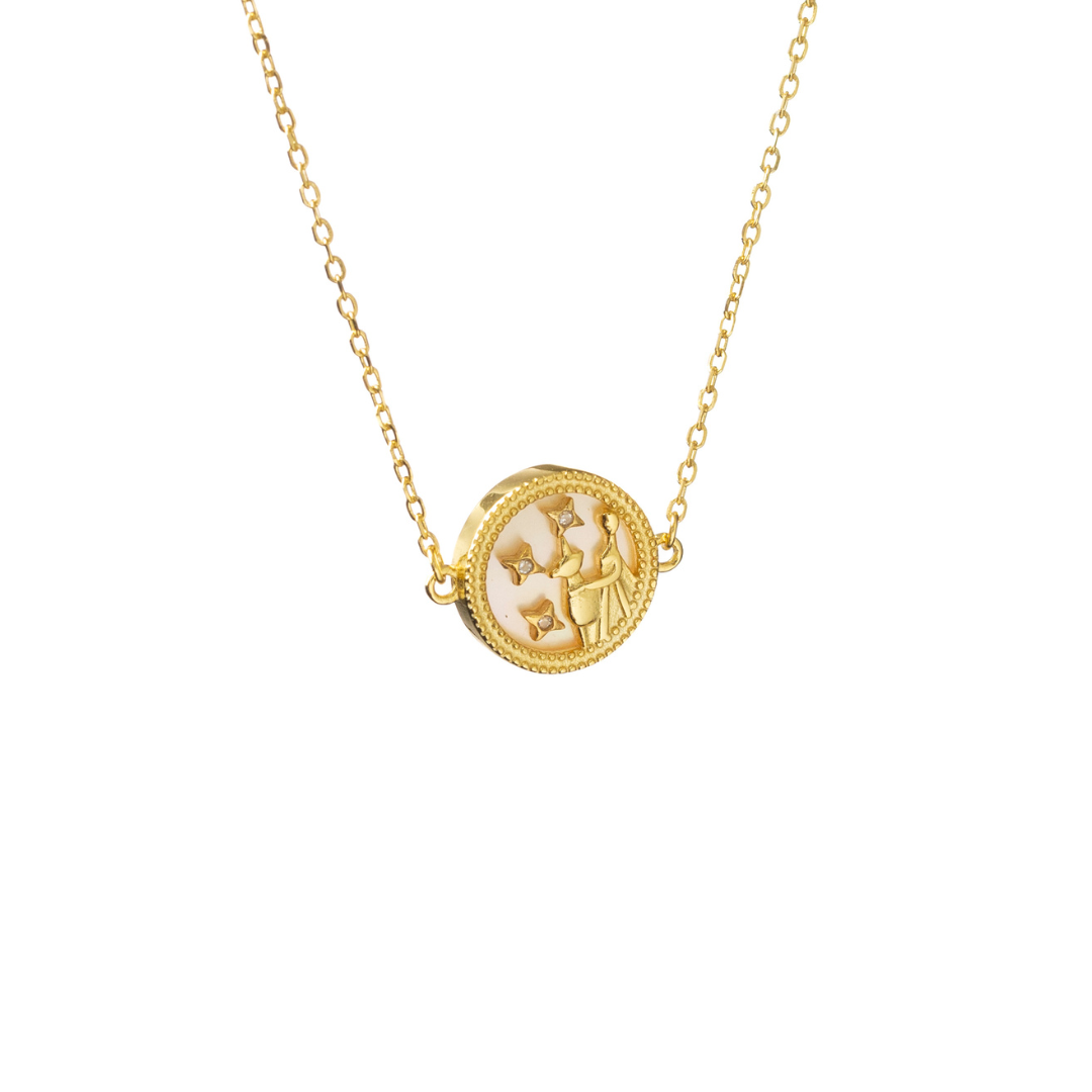 Gold Virgo necklace with maiden motif and soft star touches, representing elegance and thoughtful detail.