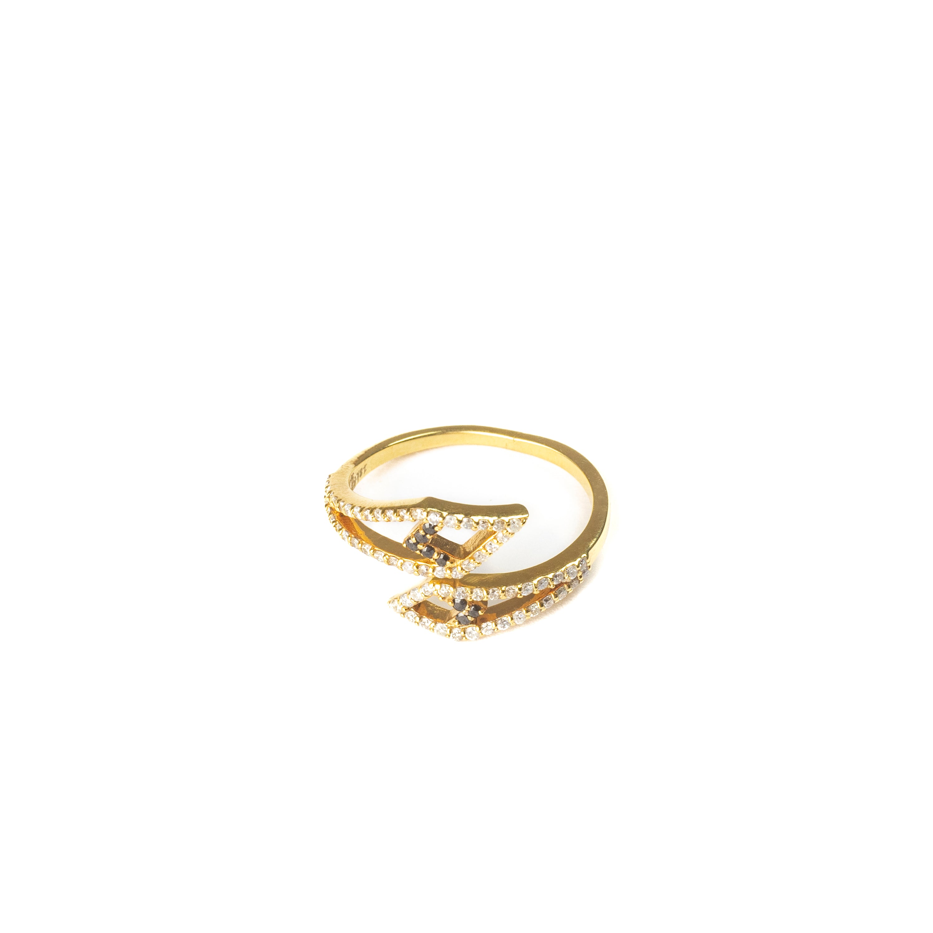 A yellow gold 18k ring with black stones and diamonds designed in a signature Sadu-inspired geometric shape, displayed against a white background