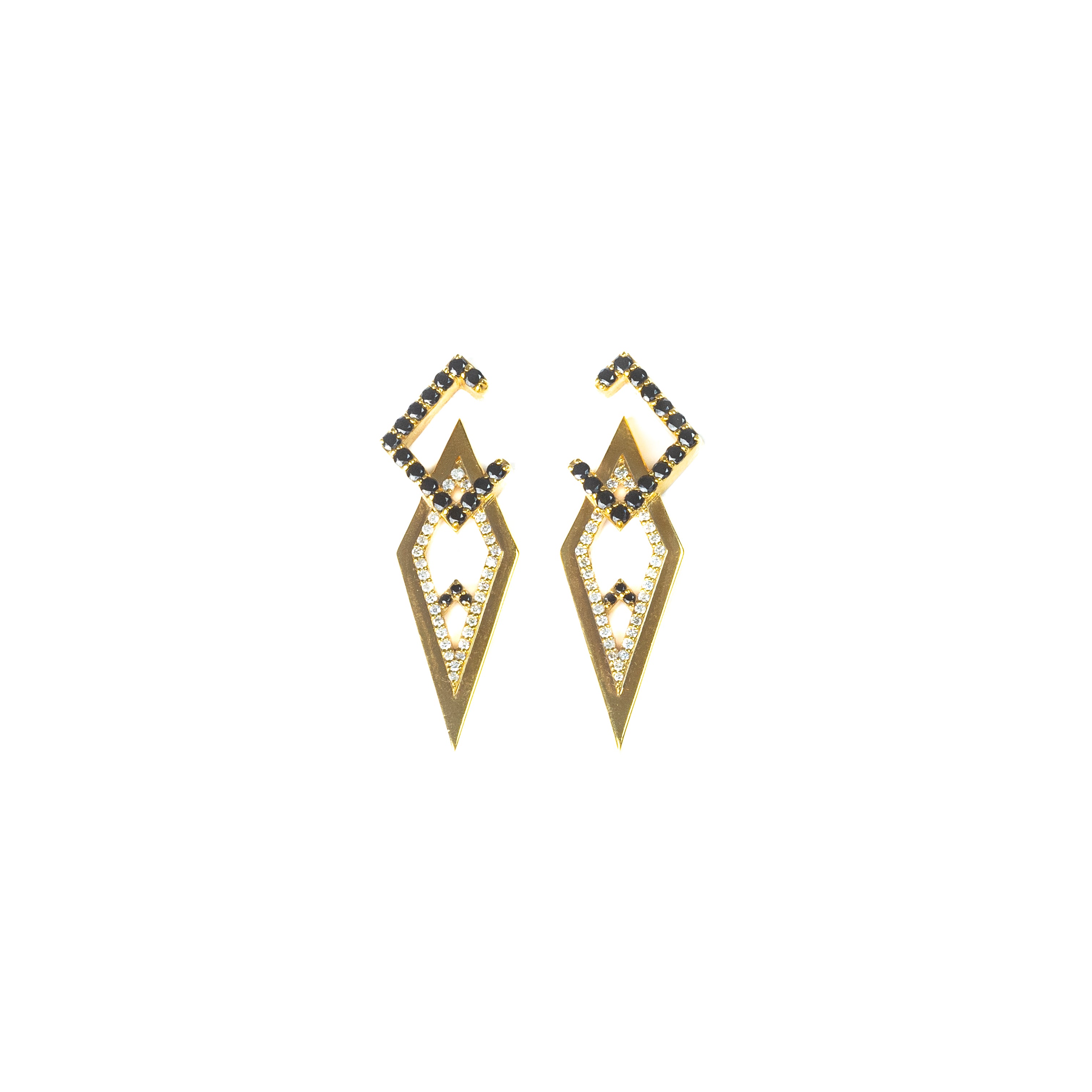 Yellow gold Sadu earrings adorned with black stones and white diamonds, displayed against a white background.
