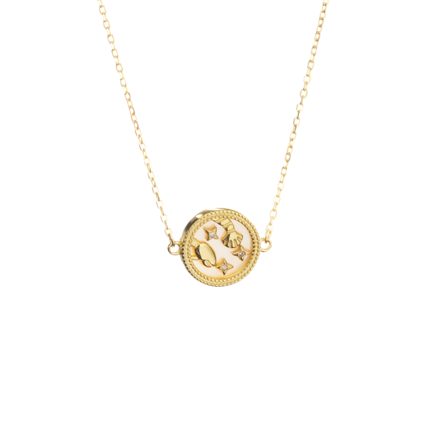Cancer zodiac necklace in sterling silver with gold paint, featured on white background with nurturing Cancer symbol