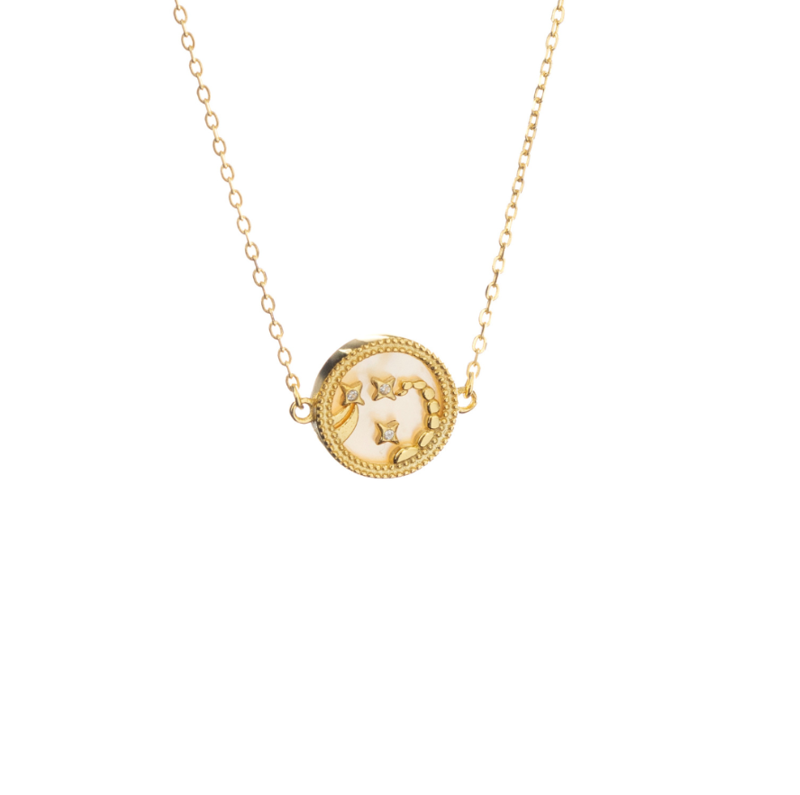 Scorpio zodiac necklace made of sterling silver painted with gold, displayed on white background with intense Scorpio symbol