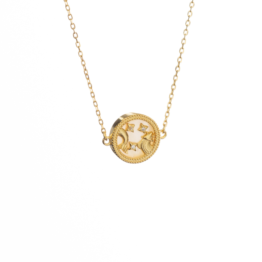 Pisces zodiac necklace in gold-plated sterling silver with artistic zodiac design on a fine chain
