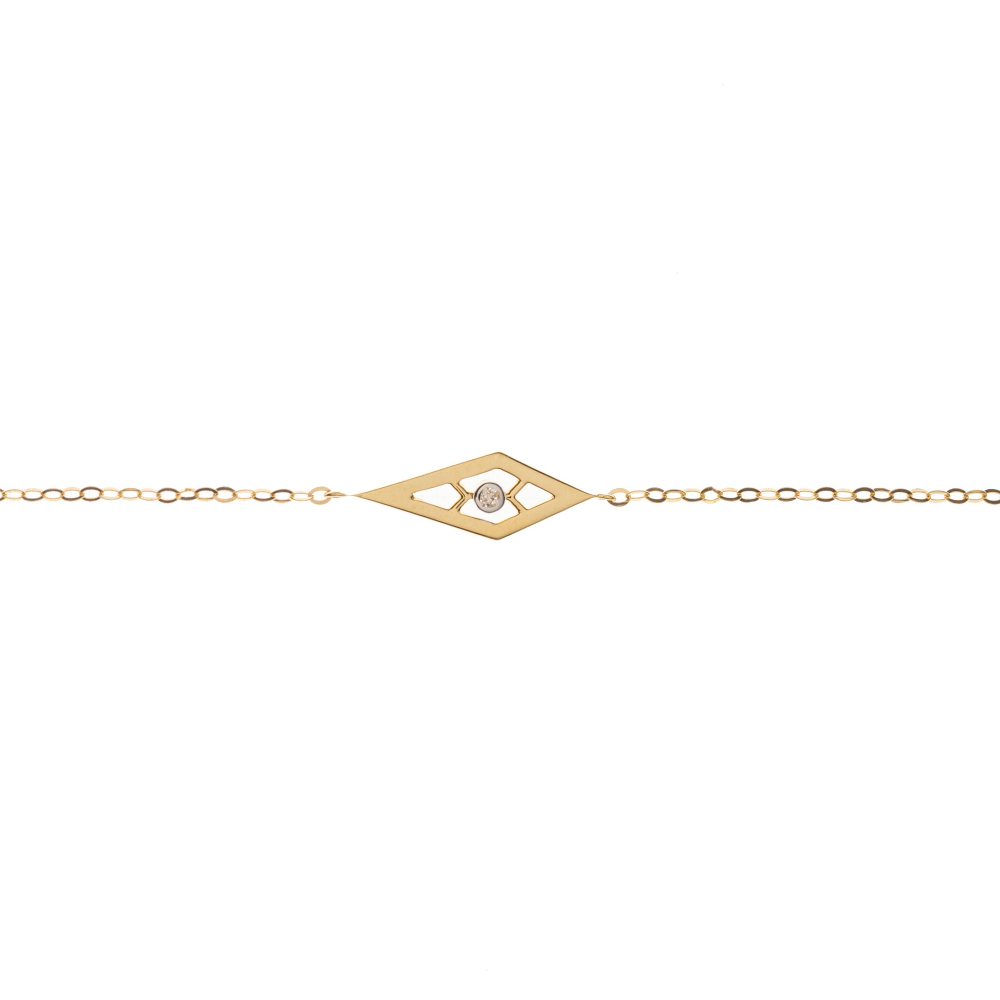 Yellow gold bracelet with a geometric frame and a single center diamond on white background