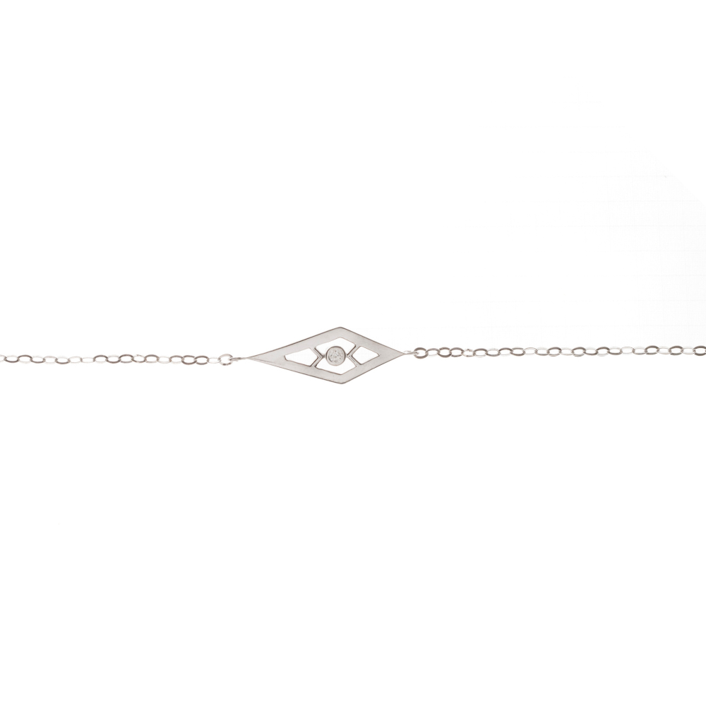 White gold bracelet with a geometric frame and a single center diamond on white background