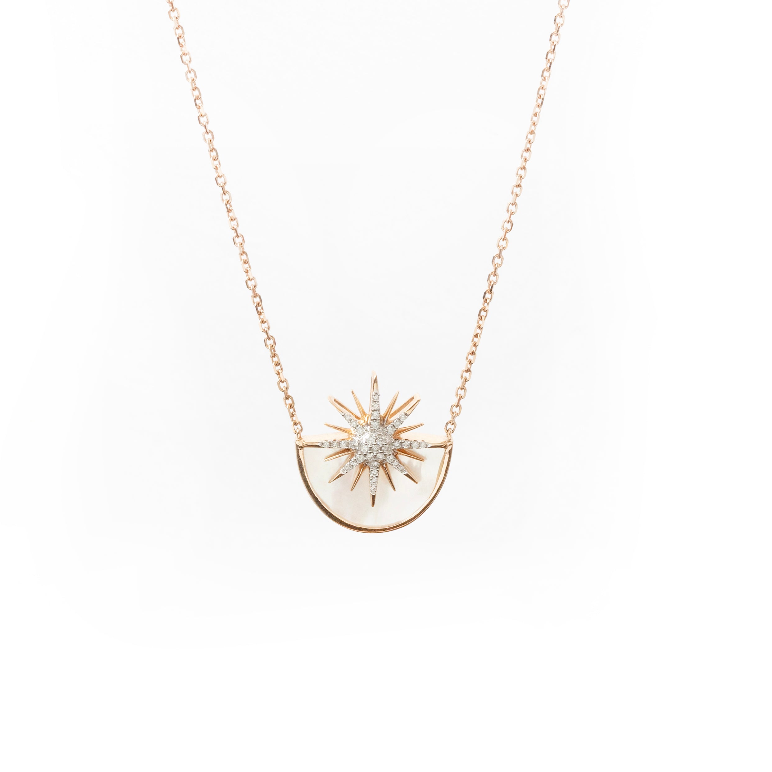 Rose gold necklace with a white mother-of-pearl pendant featuring a radiant star-shaped diamond design, shown on a clean white background.