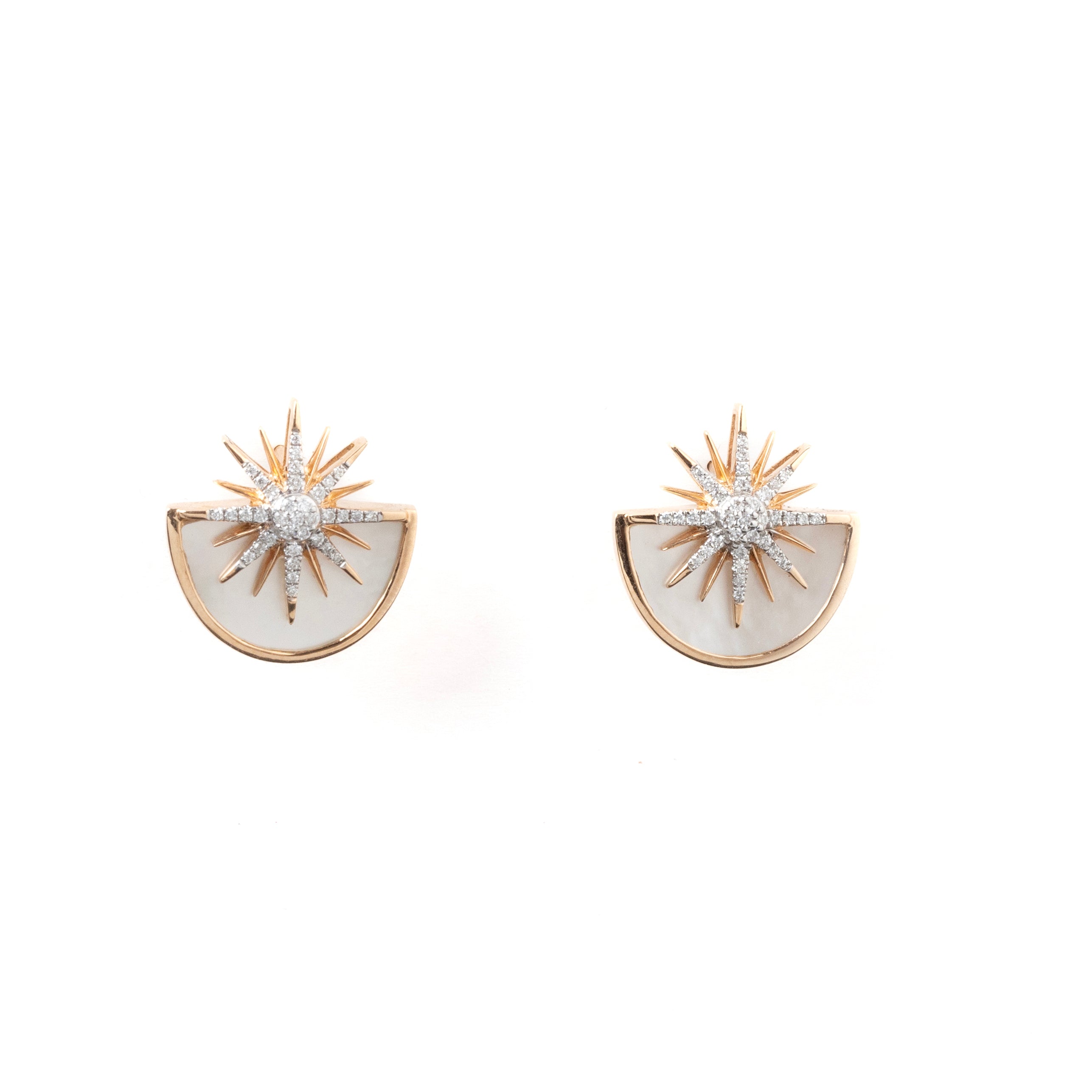 sunshine earrings in rose gold with white mother-of-pearl and diamonds, designed in a radiant half-circle silhouette.